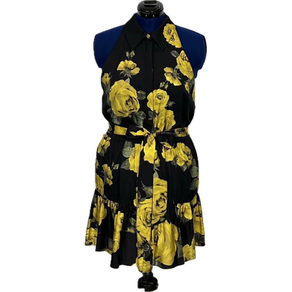 Alice‎ + Olivia Miranda floral tie-waist halter minidress 14 Black Yellow NWT